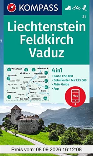 KOMPASS Wanderkarte 21 Liechtenstein, Feldkirch, Vaduz 1:50.000: 4in1 Wanderkarte, mit Aktiv Guide und Detailkarten inklusive Karte zur offline Verwendung in der KOMPASS-App. Fahrradfahren. Skitouren.