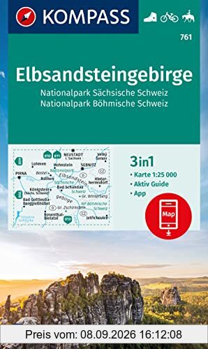 KOMPASS Wanderkarte 761 Elbsandsteingebirge, Nationalpark Sächsische Schweiz, Nationalpark Böhmische Schweiz 1:25.000: 3in1 Wanderkarte mit Aktiv ... in der KOMPASS-App. Fahrradfahren. Reiten.