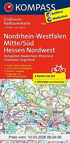 Kompass-Karten GmbH Nordrhein-Westfalen Mitte/Süd - Hessen Nordwest, Großraum-Radtourenkarte 1, 125000, Gpx-Daten Zum Download (Kompass-Großraum-Radtourenkarte, Band