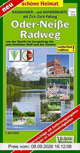 Radwander- und Wanderkarte mit Zick‑Zack‑Faltung Oder-Neiße-Radweg: von der Quelle im Isergebirge bis zum Stettiner Haff und der Ostsee. Maßstab 1:60000 (Schöne Heimat)