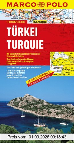 MARCO POLO Länderkarte Türkei 1:800.000: Mit landschaftlich schönen Strecken und Sehenswürdigkeiten. Übersichtskarte zum Ausklappen, Entfernungstabelle, Ortsregister, 7 Citypläne