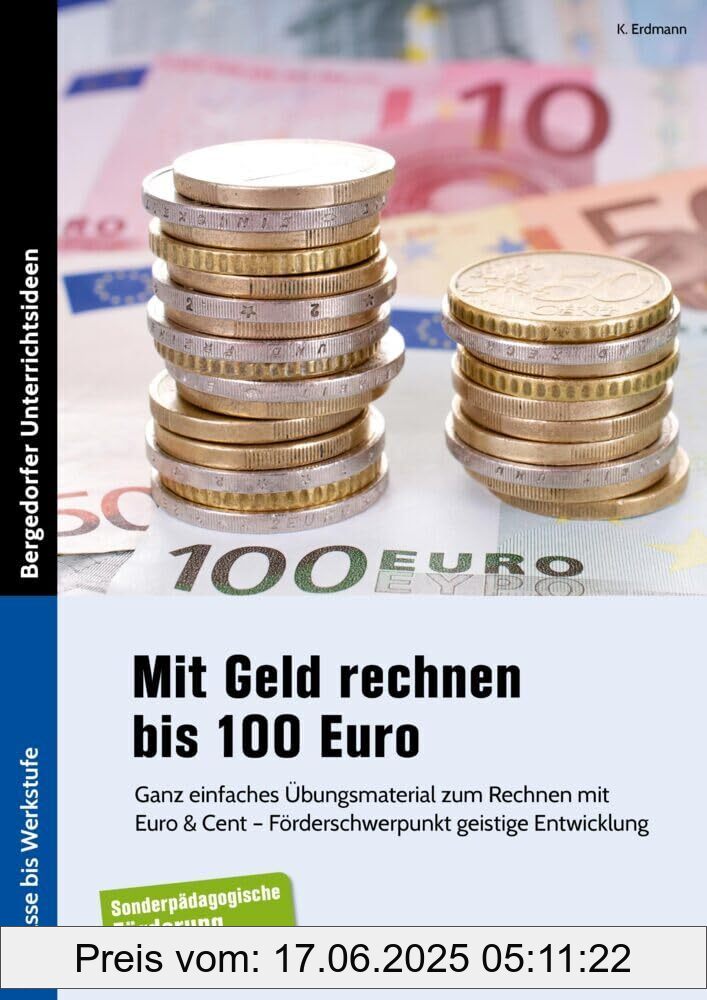 Brand : Persen Verlag i.d. AAP, Binding : paperback, Edition : 1, Label : Mit Geld rechnen bis 100 Euro : Ganz einfaches Übungsmaterial zum Rechnen mit Euro & Cent - Förderschwerpunkt geistige Entwicklung (7. Klasse bis Werkstufe), medium : paperback, numberOfPages : 69, publicationDate : 2024-06-01, languages : german, ISBN : 3403211959