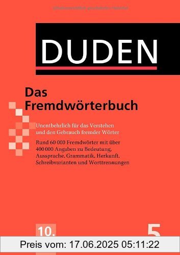 Brand : Duden, Binding : Gebundene Ausgabe, Edition : 10., aktualisierte Auflage., Label : Bibliographisches Institut, Mannheim, Publisher : Bibliographisches Institut, Mannheim, NumberOfItems : 1, PackageQuantity : 1, Feature : Hersteller : Duden, medium : Gebundene Ausgabe, numberOfPages : 1104, publicationDate : 2010-09-15, languages : german, ISBN : 3411040602