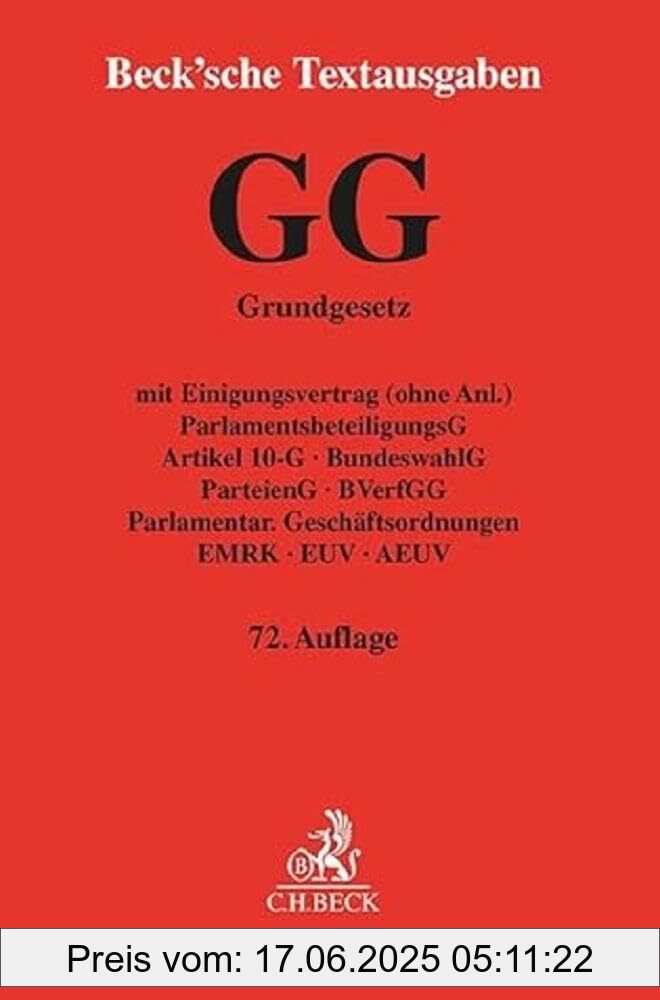 Binding : paperback, Edition : 72., neu bearbeitete, Label : Grundgesetz für die Bundesrepublik Deutschland : mit Einigungsvertrag (ohne Anl.), ParlamentsbeteiligungsG, Artikel 10-G, BundeswahlG, ParteienG, ... 16. Juli 2024 (Beck'sche Textausgaben), medium : paperback, numberOfPages : 910, publicationDate : 2024-08-19, languages : german, ISBN : 3406820883