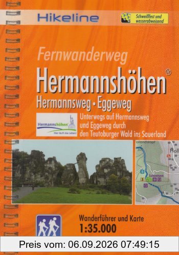 Hikeline Fernwanderweg Hermannshöhen (Hermannsweg-Eggeweg) ca. 226 km: Unterwegs auf dem Hermannsweg und dem Eggeweg durch den Teutoburger Wald ins Sauerland, 1:35.000, wetterfest