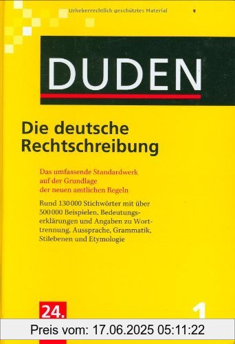 Brand : False, Binding : Gebundene Ausgabe, Edition : 24., völlig neu bearb. u. erw., Label : Bibliographisches Institut, Mannheim, Publisher : Bibliographisches Institut, Mannheim, Format : Ungekürzte Ausgabe, medium : Gebundene Ausgabe, numberOfPages : 1216, publicationDate : 2006-01-01, releaseDate : 2006-07-22, publishers : Dudenredaktion, languages : german, ISBN : 3411040149