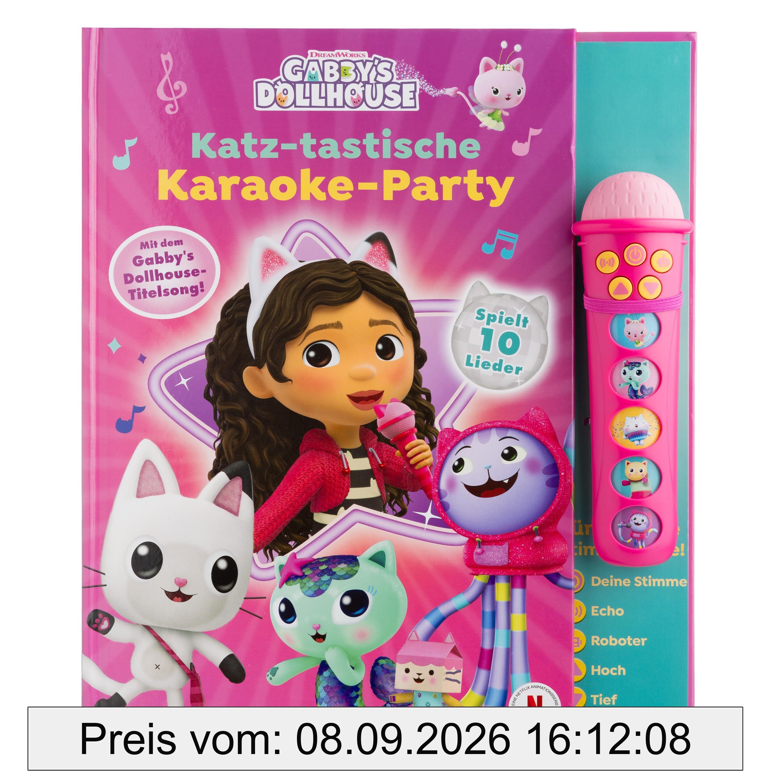 Gabby's Dollhouse - Katz-tastische Karaoke Party - Mikrofonbuch - Pappbilderbuch mit abnehmbarem Mikrofon mit 5 Stimmklängen und 10 Melodien