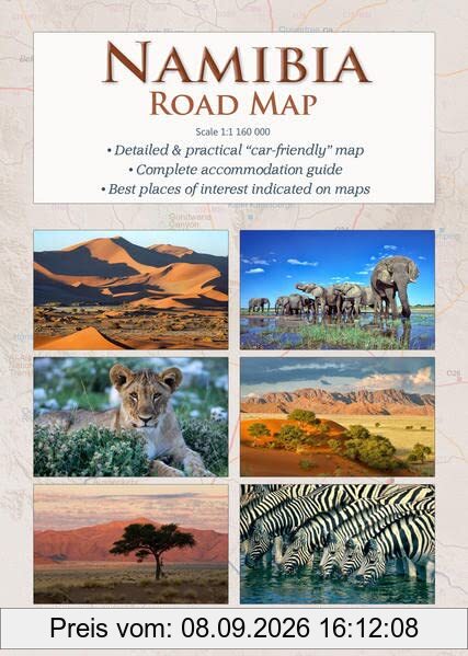 Detaillierte NAMIBIA Reisekarte - NAMIBIA ROAD MAP (1:1.160.000): Ideal für Planung & Reise - mit allen Straßen, Unterkünften & Sehenswürdigkeiten in Namibia