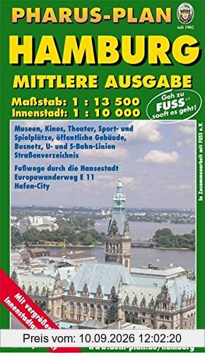 Pharus-Plan Hamburg Mittlere Ausgabe: 1:13 500. Innenstadt: 1:10 000