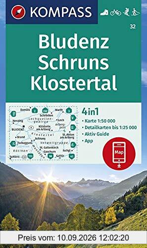 KOMPASS Wanderkarte Bludenz, Schruns, Klostertal: 4in1 Wanderkarte 1:50000 mit Aktiv Guide und Detailkarten inklusive Karte zur offline Verwendung in ... Langlaufen. (KOMPASS-Wanderkarten, Band 32)