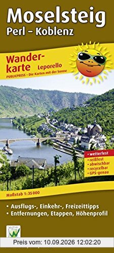 Moselsteig: Leporello Wanderkarte mit Ausflugszielen, Einkehr- & Freizeittipps, Entfernungen, Etappen, Höhenprofil, wetterfest, reißfest, abwischbar, GPS-genau. 1:35000