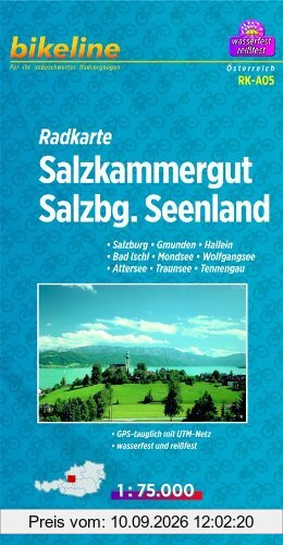 Bikeline Radkarte: Salzkammergut. Salzburg - Gmunden - Hallein - Bad Ischl - Mondsee - Wolfgangsee - Attersee - Traunsee - Tennengau, RK-A05. 1 : 75.000, wasserfest/reißfest, GPS-tauglich mit UTM-Netz