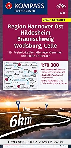 Kompass-Karten GmbH Kompass Fahrradkarte Region Hannover Ost, Hildesheim, Braunschweig, Wolfsburg, Celle 3365, Fahrradkarte. Gps-genau. 1, 70000 (Kompass-Fahrradkarten