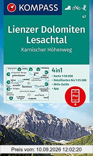 KOMPASS Wanderkarte Lienzer Dolomiten, Lesachtal, Karnischer Höhenweg: 4in1 Wanderkarte 1:50000 mit Aktiv Guide und Detailkarten inklusive Karte zur ... Skitouren. (KOMPASS-Wanderkarten, Band 47)