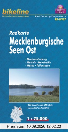 Bikeline Radkarte Deutschland Mecklenburgische Seen Ost . Neubrandenburg, Malchin, Neustrelitz, Müritz, Tollensesee, 1:75.000, wasserfest/reißfest, GPS-tauglich mit UTM-Netz