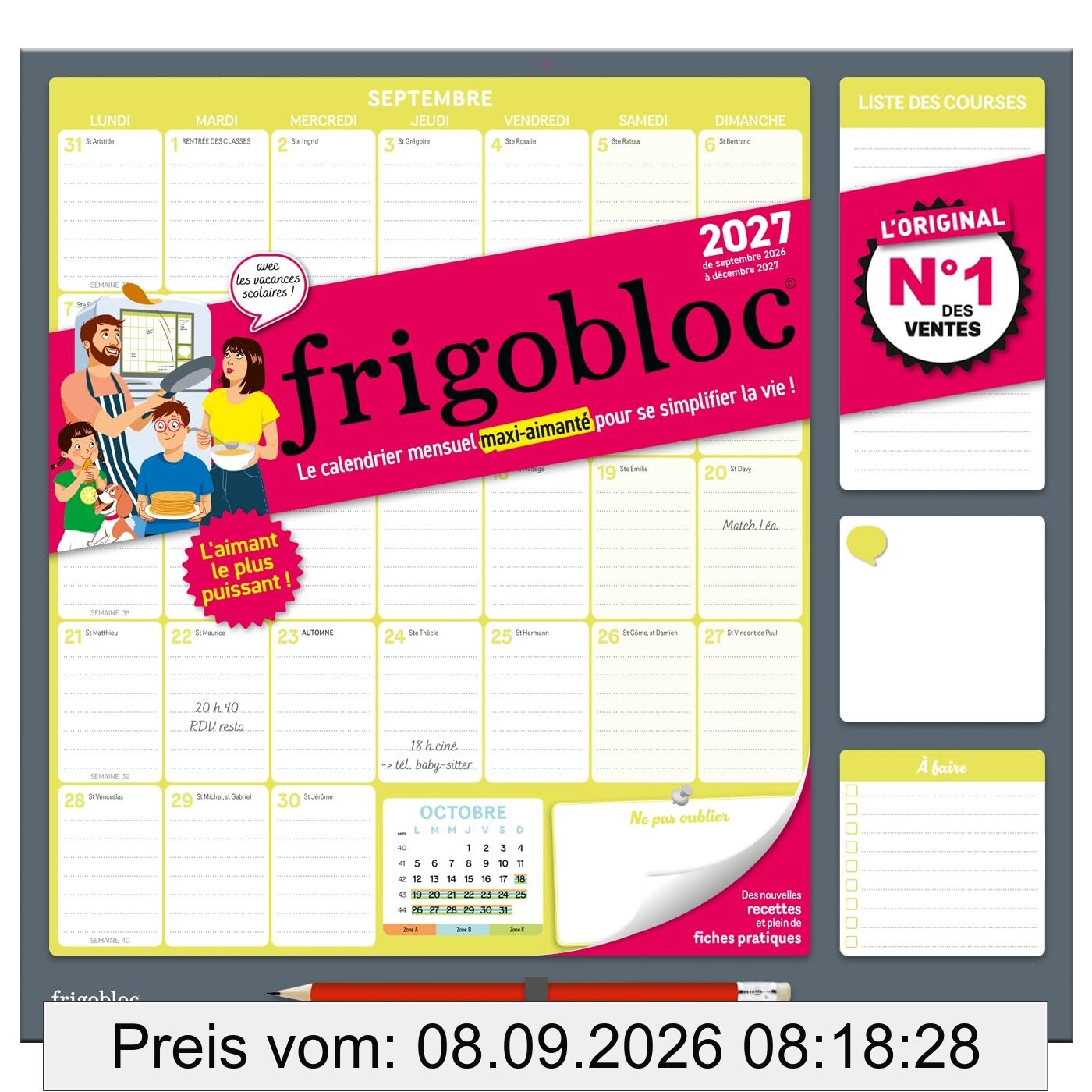 Frigobloc Mensuel 2027 : Calendrier organiseur familial (de sept. 2026 à déc. 2027)