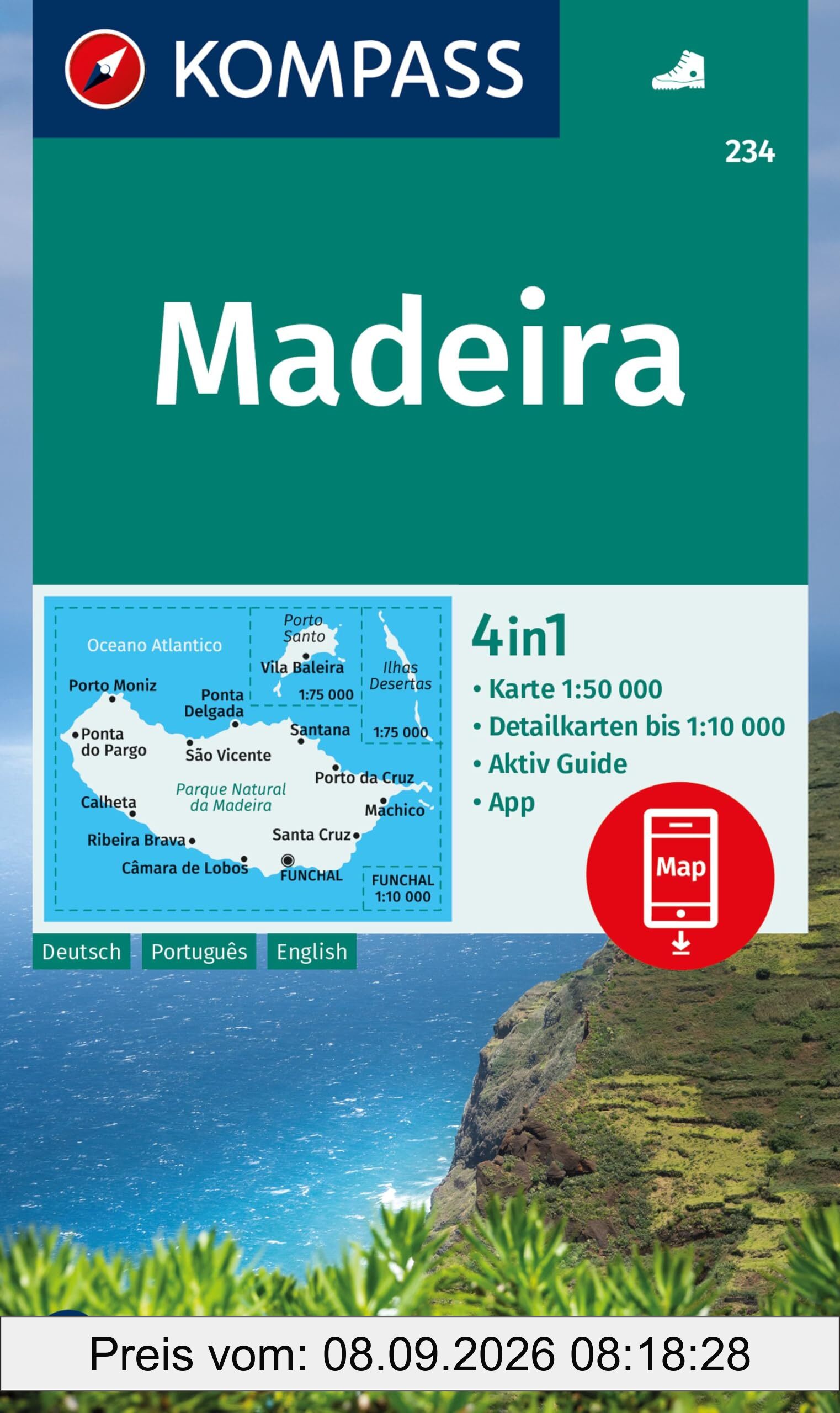 KOMPASS Wanderkarte 234 Madeira 1:50.000: 4in1 Wanderkarte mit Aktiv Guide und 1:25000 Karten, inklusive Kartenbereich zur offline Verwendung in der KOMPASS-App.