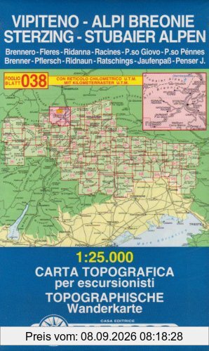 Sterzing, Stubaier Alpen: Wanderkarte Tabacco 038. 1:25000 (Cartes Topograh)