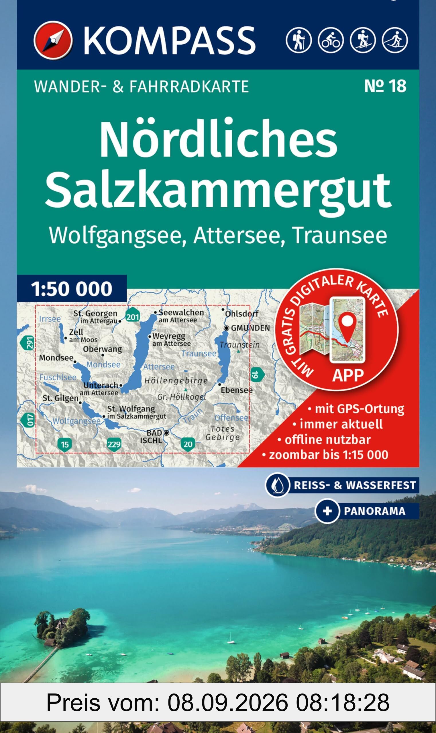 KOMPASS Wanderkarte 18 Nördliches Salzkammergut, Wolfgangsee, Attersee, Traunsee 1:50.000: Wander- und Fahrradkarte in einem - inklusive ... Panorama. Skitouren. Langlaufen. Reiten.