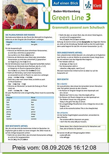 Klett Green Line 3 G8 Baden-Württemberg Klasse 7 - Auf einen Blick: Grammatik passend zum Schulbuch