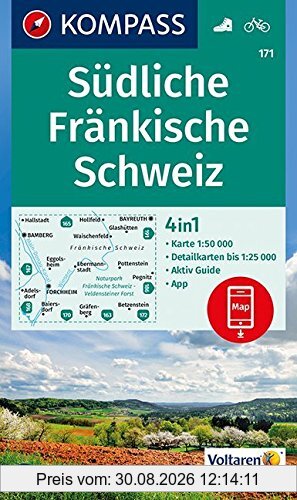 Südliche Fränkische Schweiz: 4in1 Wanderkarte 1:50000 mit Aktiv Guide und Detailkarten inklusive Karte zur offline Verwendung in der KOMPASS-App. Fahrradfahren. (KOMPASS-Wanderkarten, Band 171)