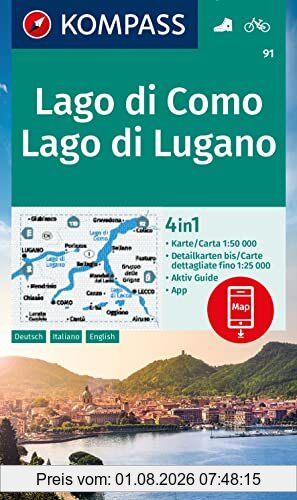 Kompass-Karten GmbH Kompass Wanderkarte 91 Lago Di Como, Lago Di Lugano 1, 50.000, 4in1 Wanderkarte Mit Aktiv Guide Und Detailkarten Inklusive Karte Zur Offline
