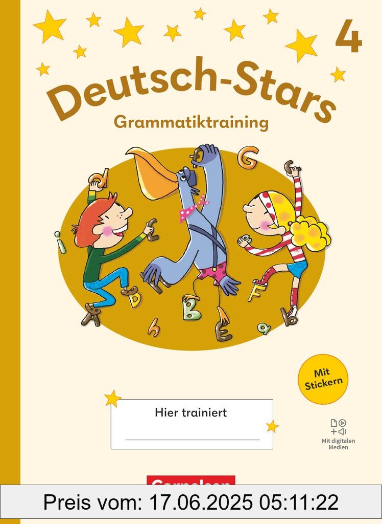 Binding : perfect, Label : Deutsch-Stars - Grammatiktraining Ausgabe 2025 - 4. Schuljahr : Grammatiktraining - Übungsheft - Mit Lösungen und digitalen Medien, medium : perfect, numberOfPages : 72, publicationDate : 2025-02-10, releaseDate : 2025-02-10, languages : german, ISBN : 3464815129
