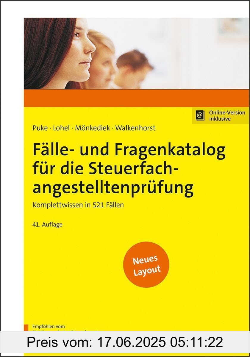 Binding : paperback, Edition : 41., überarbeitete Auflage. Online-Version inklusive., Label : Fälle- und Fragenkatalog für die Steuerfachangestelltenprüfung : Komplettwissen in 521 Fällen, medium : paperback, numberOfPages : 679, publicationDate : 2024-03-28, languages : german, ISBN : 3482685614