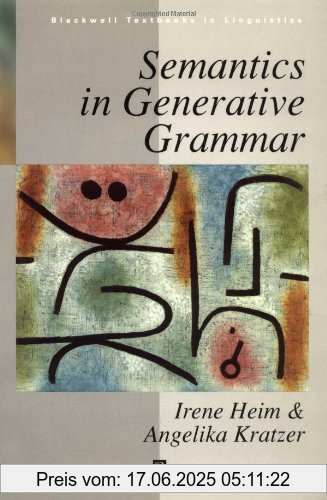 Binding : Taschenbuch, Label : Wiley & Sons, Publisher : Wiley & Sons, NumberOfItems : 1, PackageQuantity : 1, medium : Taschenbuch, numberOfPages : 324, publicationDate : 1997-11-24, authors : Irene Heim, Angelika Kratzer, languages : english, ISBN : 0631197133