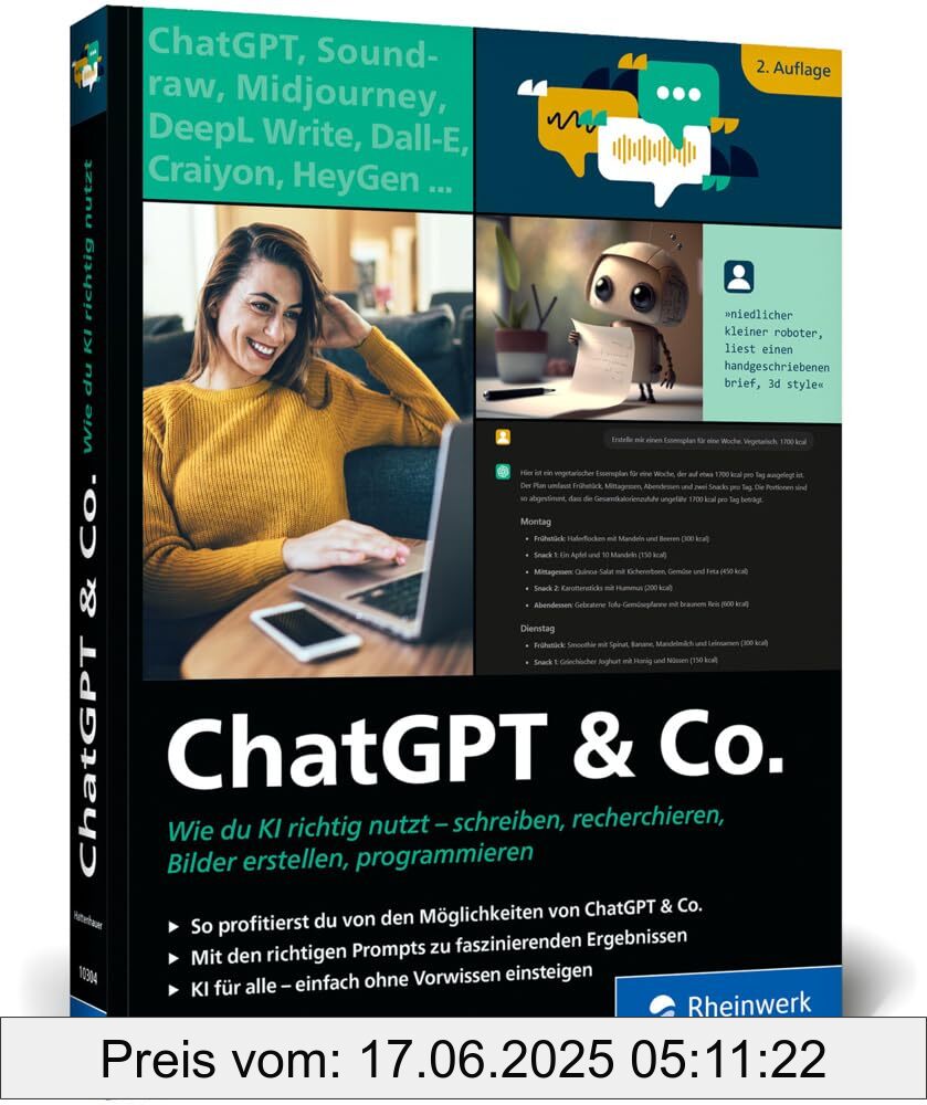 Binding : perfect, Edition : 2, Label : ChatGPT u. Co. : Das neue Workbook zum Thema KI – mit vielen Praxisbeispielen zum Texten und Coden, zur Wissensrecherche und Bildgestaltung. Ausgabe 2024, medium : perfect, numberOfPages : 407, publicationDate : 2024-12-05, releaseDate : 2024-12-05, languages : german, ISBN : 3367103047