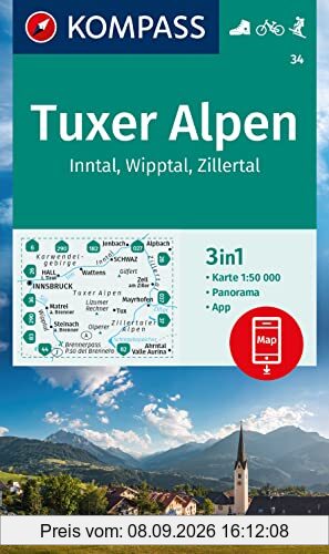 KOMPASS Wanderkarte 34 Tuxer Alpen, Inntal, Wipptal, Zillertal 1:50.000: 3in1 Wanderkarte, mit Panorama, inklusive Karte zur offline Verwendung in der KOMPASS-App. Fahrradfahren. Skitouren.