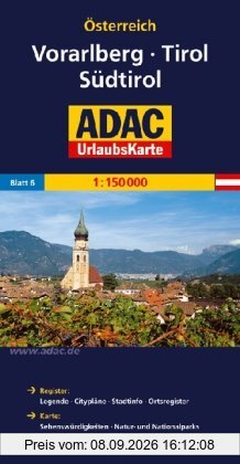 ADAC Urlaubskarte Vorarlberg, Tirol, Südtirol 1:150.000: Register: Legende - Citypläne - Stadtinfo - Ortsregister. Karte . Sehenswürdigkeiten - Natur- und Nationalparks landschaftlich schöne Strecken