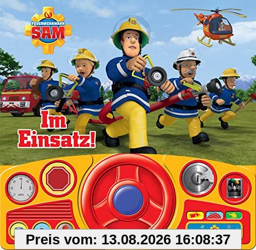 Feuerwehrmann Sam - Im Einsatz! - Soundbuch - Pappbilderbuch mit beweglichem Lenkrad und 13 spannenden Geräuschen für Kinder ab 3 Jahren: Tönendes Buch