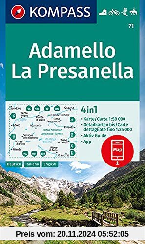 KOMPASS Wanderkarte Adamello, La Presanella: 4in1 Wanderkarte 1:50000 mit Aktiv Guide und Detailkarten inklusive Karte z