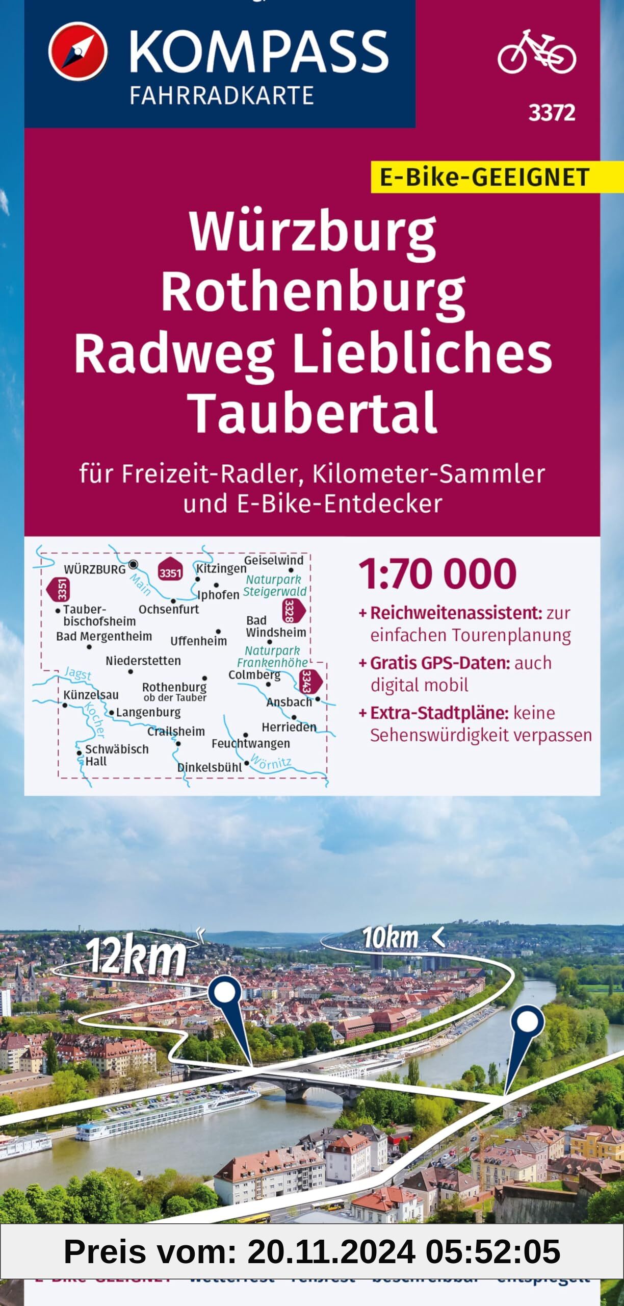 KOMPASS Fahrradkarte 3372 Würzburg, Rothenburg, Radweg Liebliches Taubertal 1:70.000: reiß- und wetterfest mit Extra-Sta