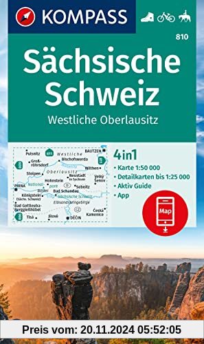 KOMPASS Wanderkarte 810 Sächsische Schweiz, Westliche Oberlausitz 1:50.000: 4in1 Wanderkarte, mit Aktiv Guide und Detail