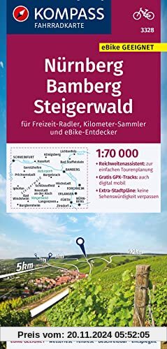 KOMPASS Fahrradkarte 3328 Nürnberg, Bamberg, Steigerwald 1:70.000: reiß- und wetterfest mit Extra Stadtplänen