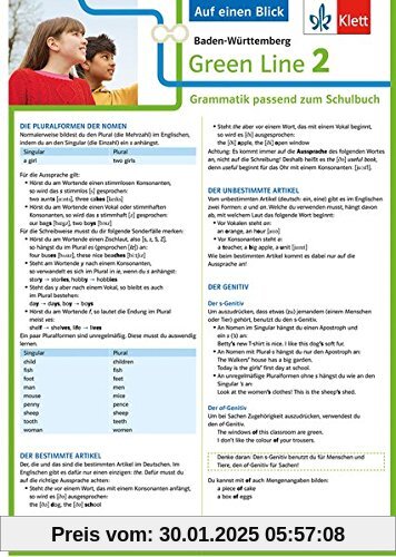 Klett Green Line 2 G8 Baden-Württemberg Klasse 6 - Auf einen Blick: Grammatik passend zum Schulbuch