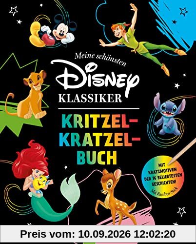 Meine schönsten Disney Klassiker Kritzel-Kratzel-Buch: Mit den bekanntesten Geschichten zum Kreativsein und Rätseln | ab 5 Jahren | Perfektes Geschenk für alle Disney-Fans