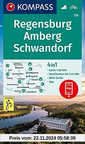 KOMPASS Wanderkarte Regensburg, Amberg, Schwandorf: 4in1 Wanderkarte 1:50000 mit Aktiv Guide und Detailkarten inklusive 