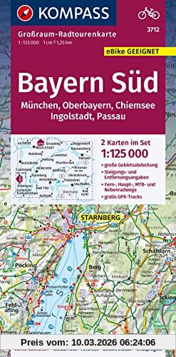 unbekannt Kompass Großraum-Radtourenkarte 3712 Bayern Süd, Oberbayern, Chiemsee, Ingolstadt, Passau, München 1, 125.000, 2 Karten Im Set, Reiß- Und