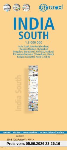 Indien Süd: 1:3 000 000. Einzelkarten: India South 1:3 000 000, Mumbai 1:30 000, Kolkata 1:30 000, Chennai 1:30 000, Hyderabad 1:30 000, Bengaluru ... 1:30 000, India administrative and time zones