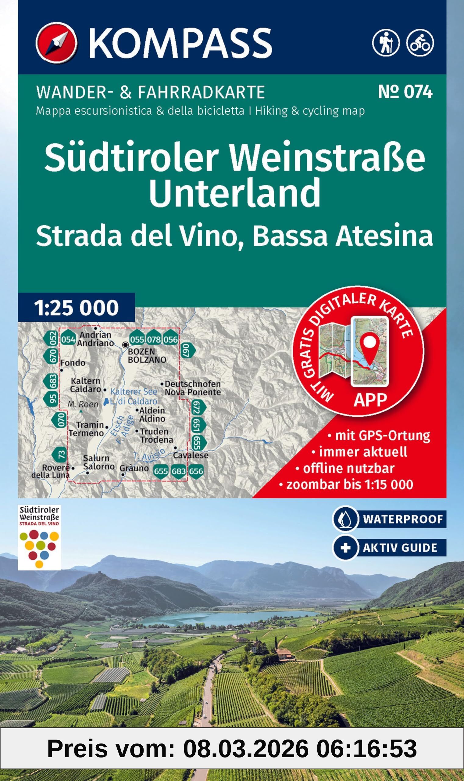 unbekannt Kompass Wanderkarte 074 Südtiroler Weinstraße, Unterland / Strada Del Vino, Bassa Atesina 1, 25.000, Wander- Und Fahrradkarte In Einem - Inklusive