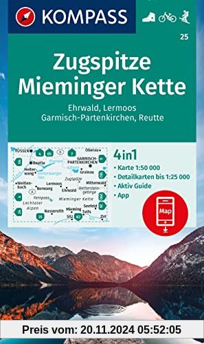 KOMPASS Wanderkarte 25 Zugspitze, Mieminger Kette, Ehrwald, Lermoos, Garmisch-Partenkirchen, Reutte 1:50.000: 4in1 Wande