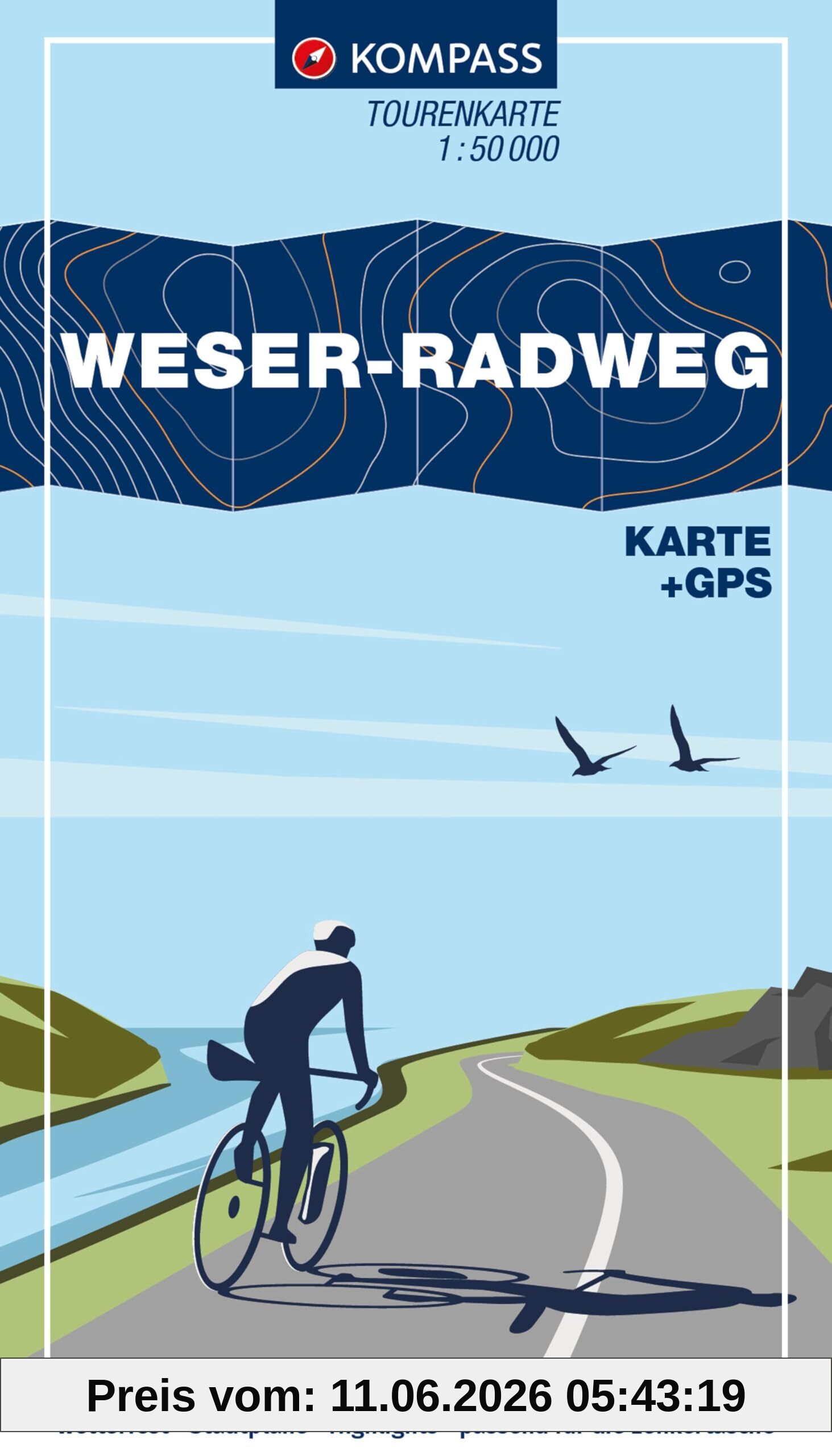 KOMPASS Fahrrad-Tourenkarte Weser-Radweg 1:50.000: Von Hann. Münden bis Cuxhaven, Leporello Karte, reiß- und wetterfest