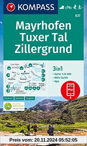 KOMPASS Wanderkarte 037 Mayrhofen, Tuxer Tal, Zillergrund 1:25.000: 3in1 Wanderkarte mit Aktiv Guide inklusive Karte zur