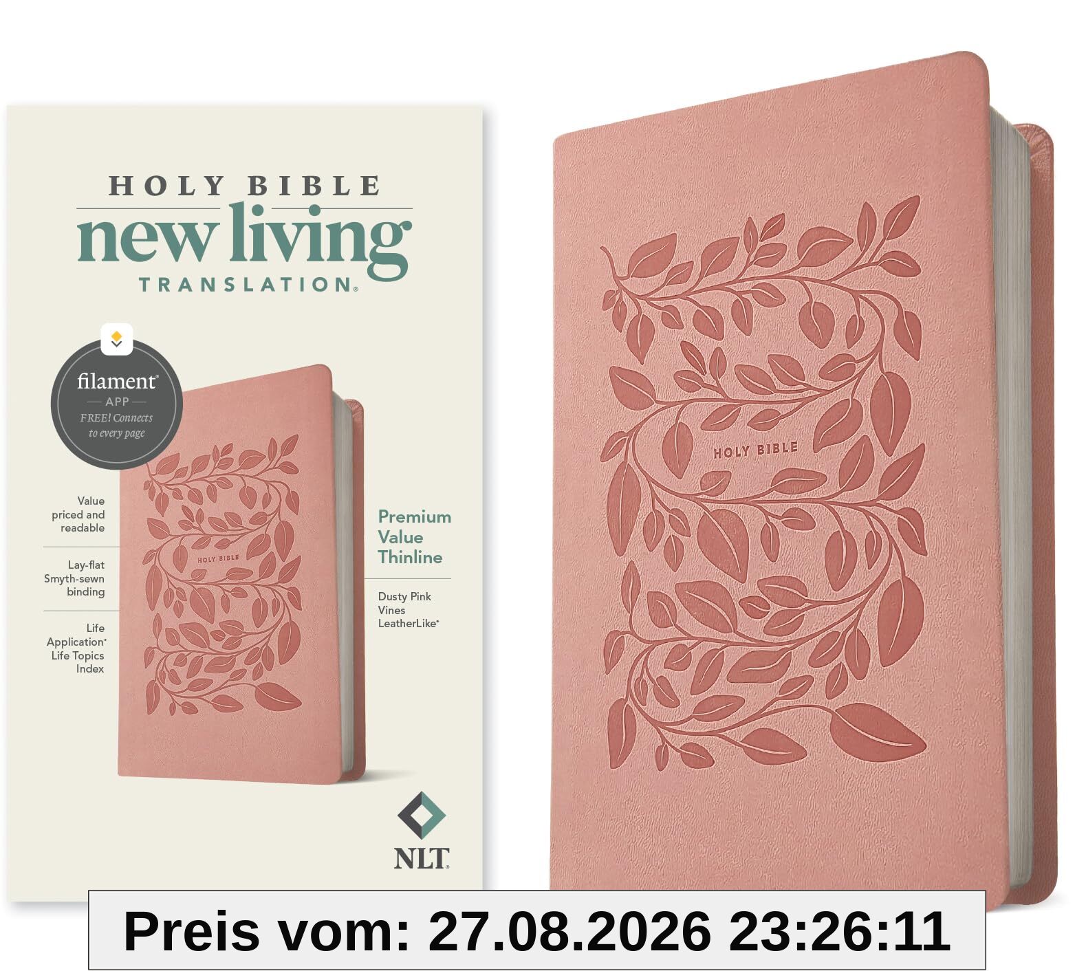 Tyndale Holy Bible, New Living Translation, Dusty Pink Vines, Premium Value Thinline, Filament-enabled Edition
