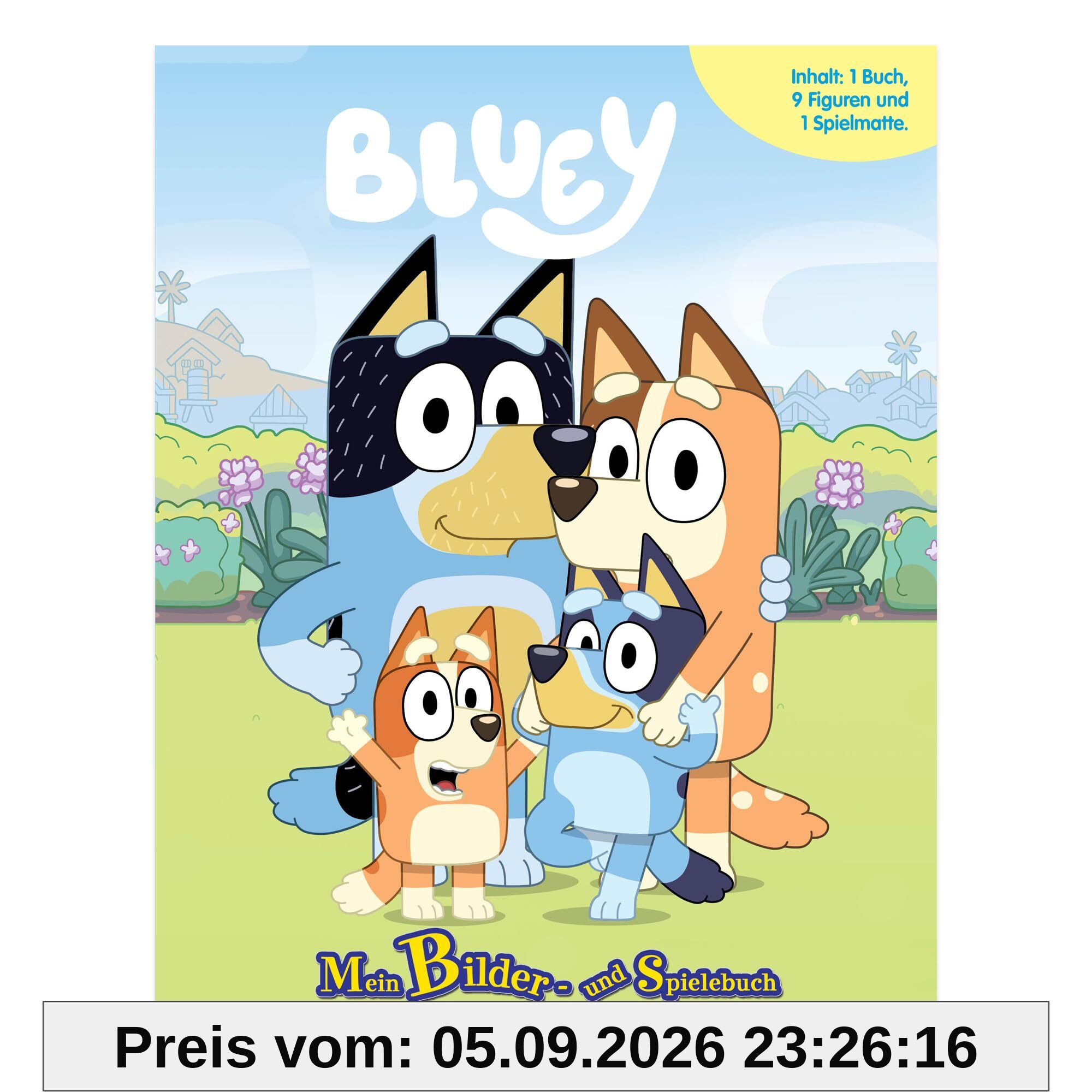 Bluey Mein Bilder- und Spielebuch - Spiel- und Beschäftigungsbuch, 10-seitiges Buch, 9 Spielfiguren, 1 Spielmatte