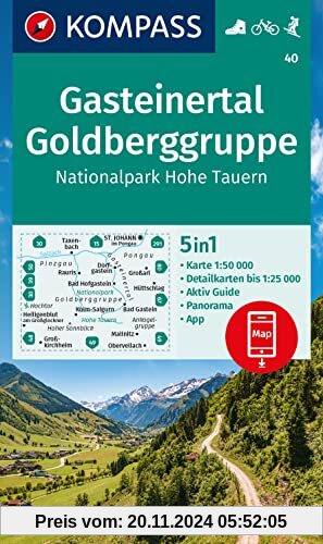 KOMPASS Wanderkarte 40 Gasteinertal, Goldberggruppe, Nationalpark Hohe Tauern 1:50.000: 5in1 Wanderkarte, mit Panorama, 