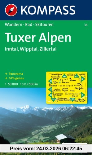 Tuxer Alpen, Inntal, Wipptal, Zillertal: Wanderkarte mit Radrouten, Skitouren und Panorama. GPS-genau. 1:50000